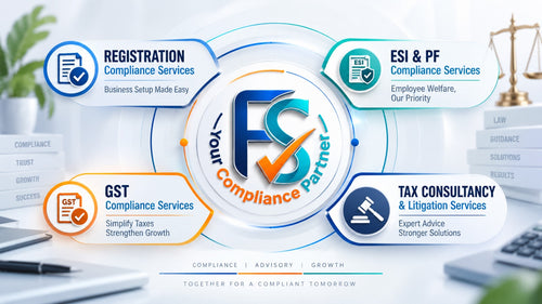 Graphic showcasing online partnership firm registration services with compliance, GST, ESI & PF, and tax consultancy icons | FilingSuvidha